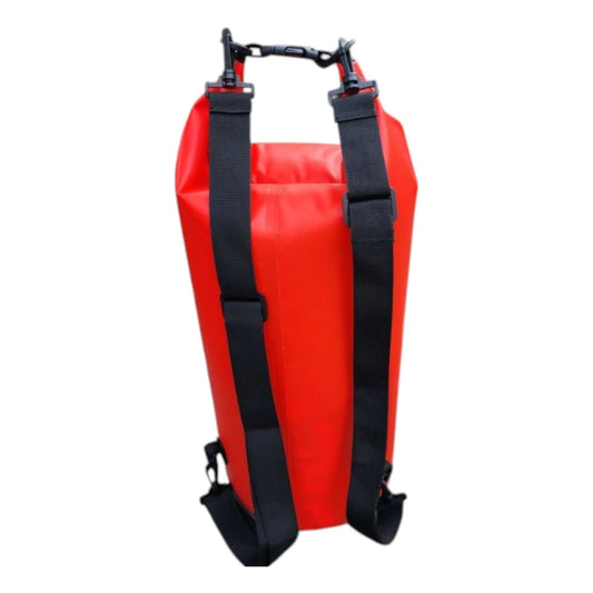 Back view of a Red IPX6 Rated Grab Bag NZ or Survival Bag NZ - for the Next72Hours Build your own Survival Kit Page showing a close up of the back - this is the Non Printed Version