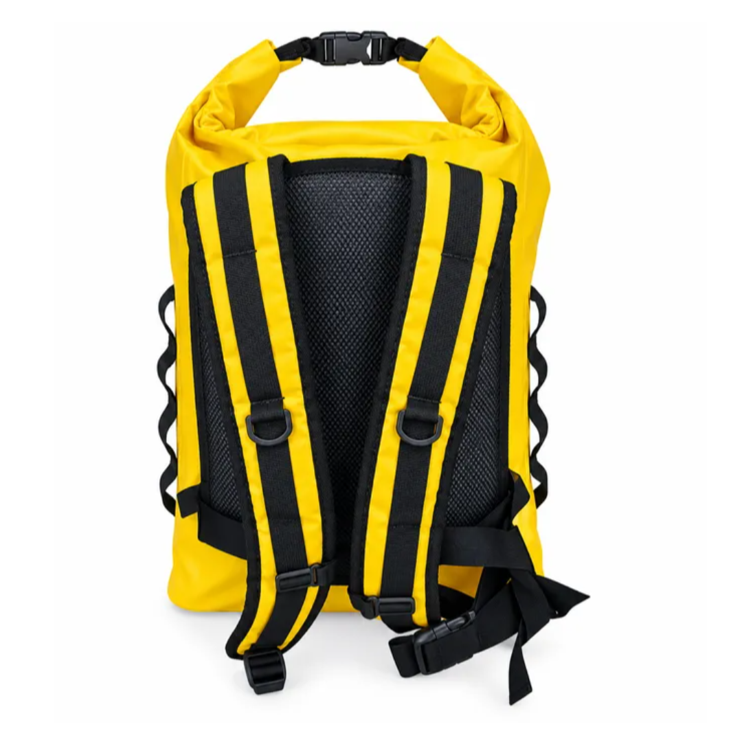 Yellow Grab Bag or Survival Kit NZ - Empty Dry Bag Backpack which can be used to build you own disaster Kit. This photos is a close up of the Bag from the back view showing the padded back and shoulder straps as well as the buckles on the straps which allow you to add different items to it - Disaster Preparedness New Zealand