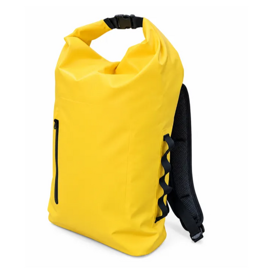 Yellow Grab Bag or Survival Kit NZ - Empty Dry Bag Backpack which can be used to build you own disaster Kit. This photos is a close up of the Bag from the front view showing the pocket, the yellow exterior and the side straps. 