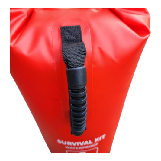 A red survival kit waterproof bag with a black plastic handle and white printed text reading 'SURVIVAL KIT' on a white background.