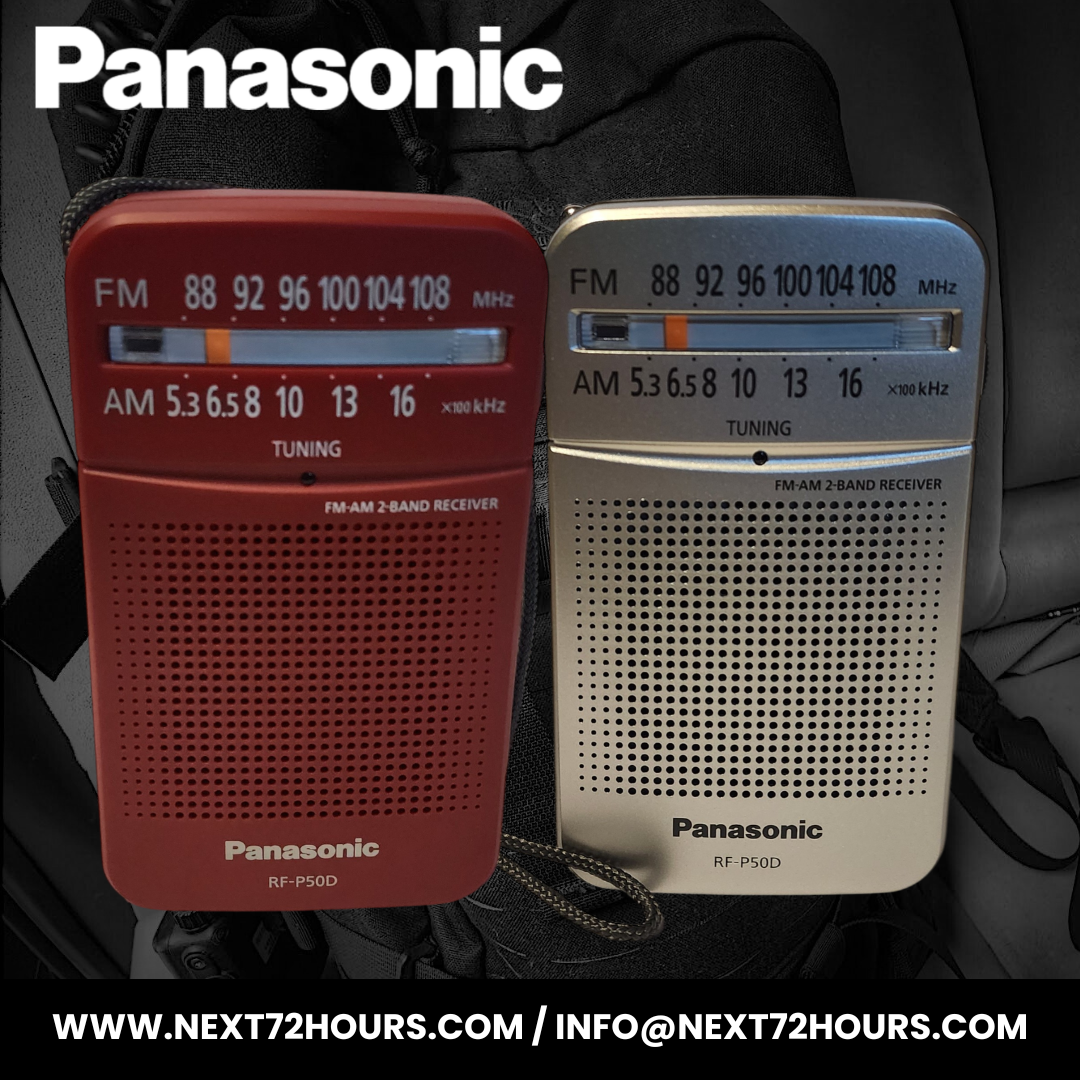 Two Panasonic radios, one red and one silver, on a dark background. Emergency and DIsaster Preparedness Kit New Zealand - Emergency Radio - Emergency Communications 