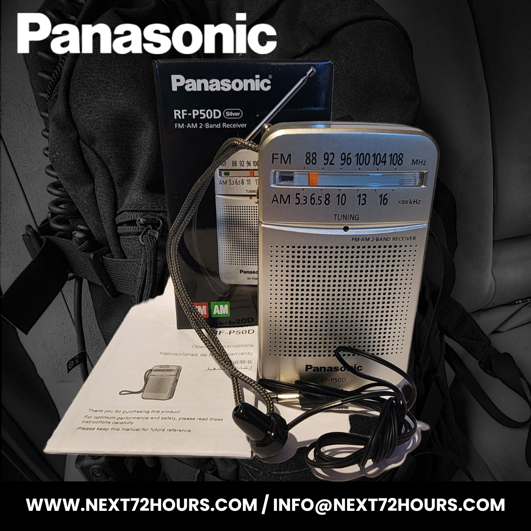 Panasonic radio receiver with packaging and manual on a dark background - a view of all the contents including the manual, box and headset - Emergency and DIsaster Preparedness Kit New Zealand - Emergency Radio - Emergency Communications 
