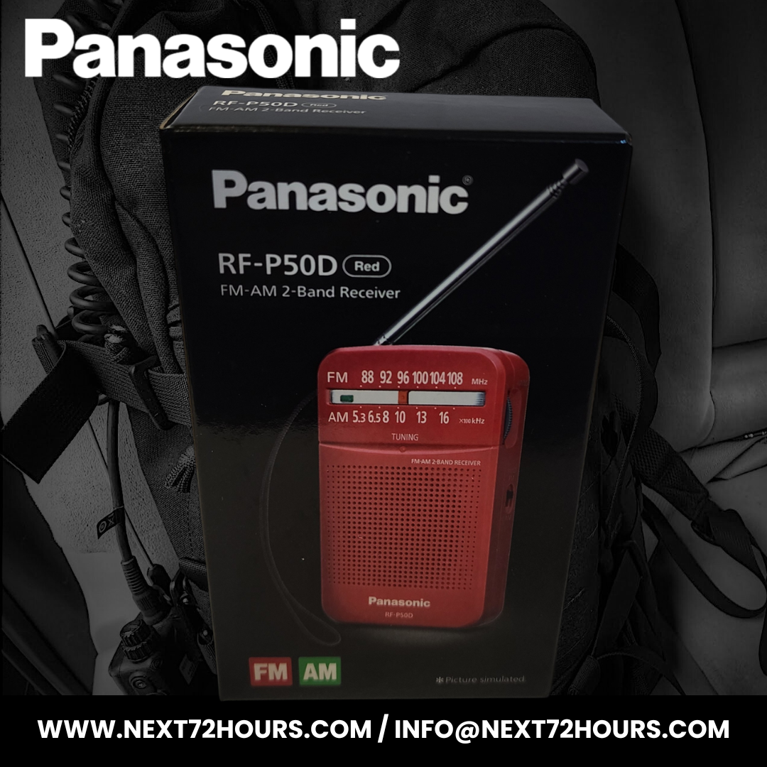 Panasonic RF-P50D radio receiver packaging with a red radio on a black background.Emergency and DIsaster Preparedness Kit New Zealand - Emergency Radio - Emergency Communications 