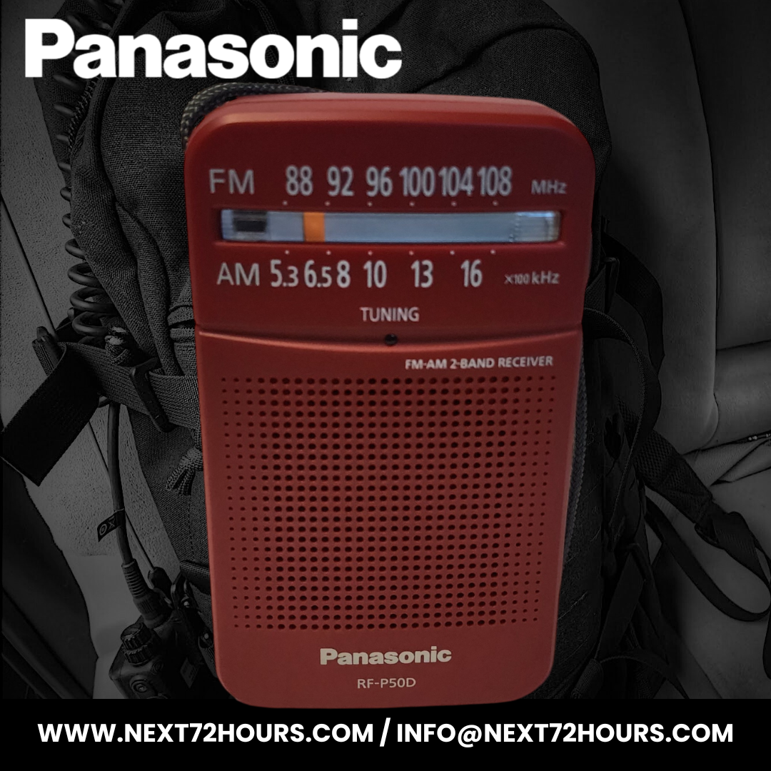 Red Panasonic radio receiver with tuning dial on a dark background - Panasonic RF-P50D - Red Color - Emergency and DIsaster Preparedness Kit New Zealand - Emergency Radio - Emergency Communications 