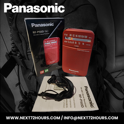 Panasonic radio receiver with packaging and manual on a dark background - a view of all the contents including the manual, box and headset - Emergency and DIsaster Preparedness Kit New Zealand - Emergency Radio - Emergency Communications - RF-P50DGC-R Red Radio 