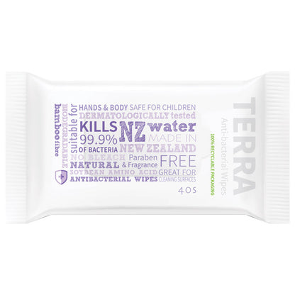 Terra Antibacterial Wipes Pkt 40 | 6 packs | Made in NZ
